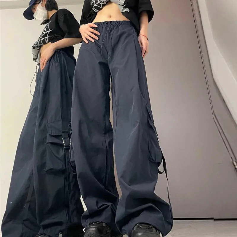 

American Drawstring Hiphop Cargo Pants Women Loose Lazy Jazz Dance Big Pocket Trousers High Waist Solid Streetwear Wide Leg Pant