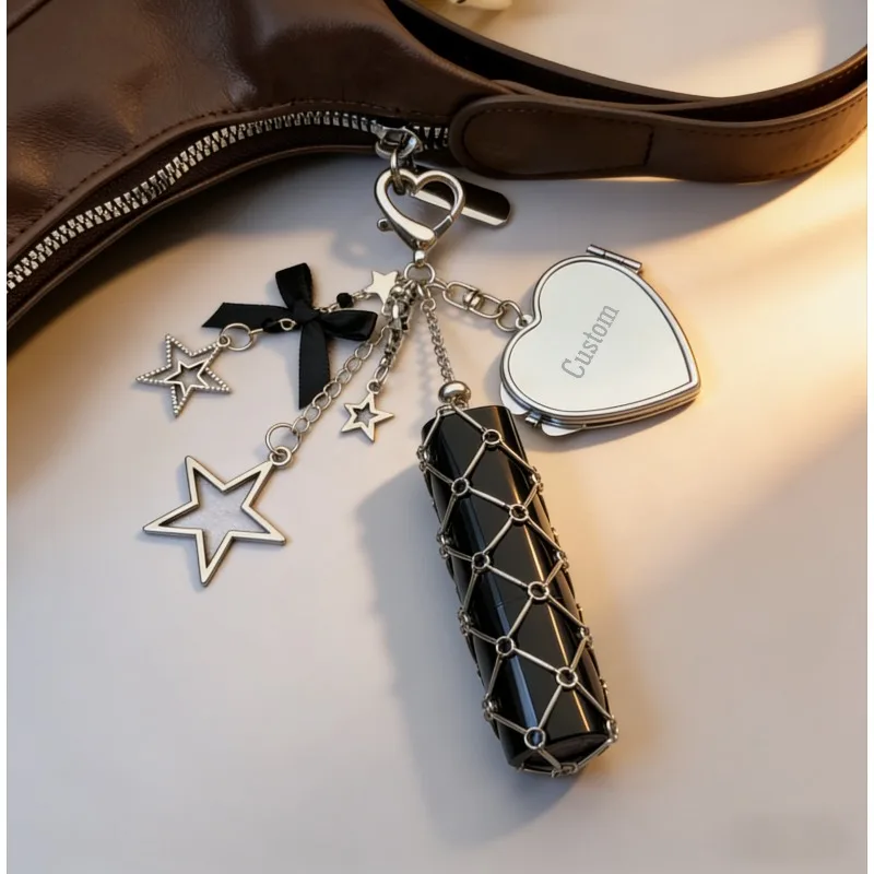 

Customized Name Metal Mesh Bag Keychain Lipstick Holder DIY Bag Pendant Ins Silver Heart Star Chain Women's Bag Accessories