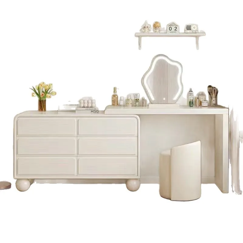 

Light luxury cream style storage cabinet modern simple retractable corner makeup solid wood dresser chest table integrated