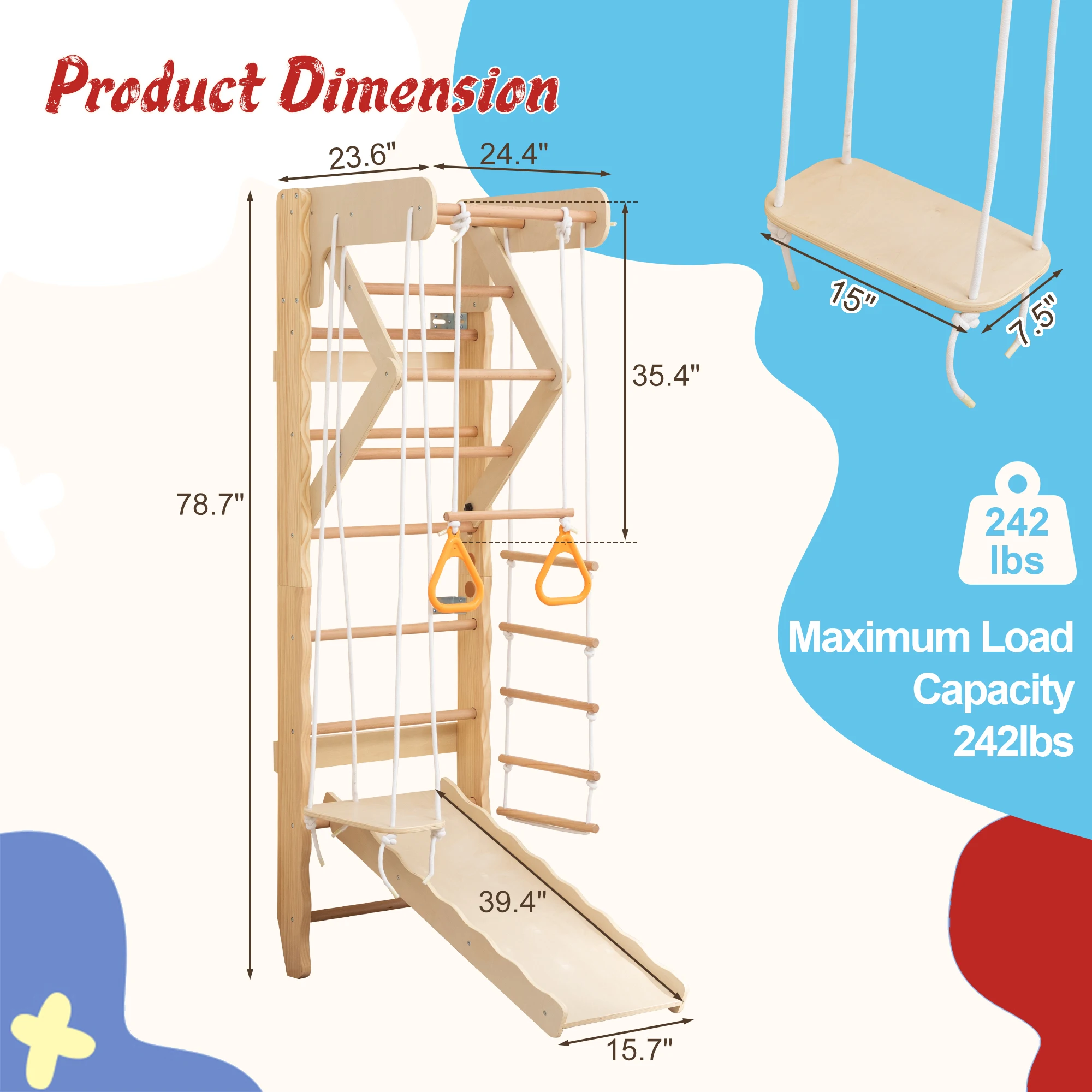5-in-1 Wooden Indoor Jungle Gym for Kids, Wall-Mounted Swedish Ladder with Pull-Up Bar, Rings, Swing, and Slide