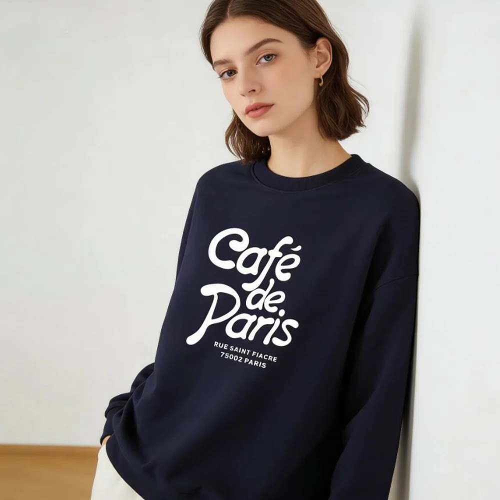 

Cafe de Paris с буквенным принтом в винтажном стиле, темно-синие свободные толстовки, женский осенний хлопковый пуловер с длинными рукавами, модный джемпер