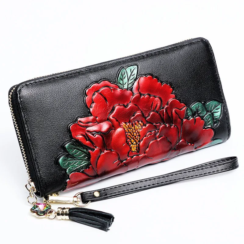 Floral Genuine Leather Wallet Women Large Capacity Ladies Leather Purse 2023 New RFID Female Clutch Bag for Card and Cell Phone