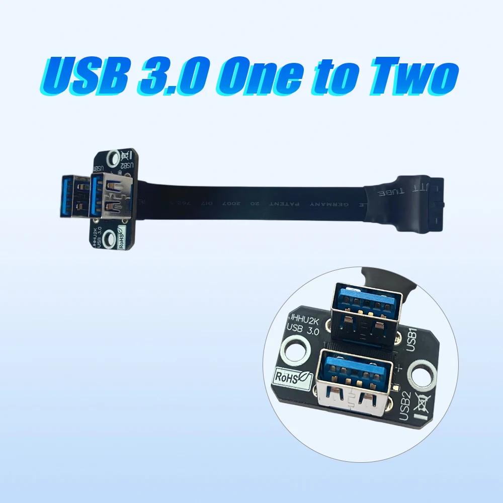 Internal Mainboard 19/20Pin To 2-Ports USB 3.0 USB-A Female Flat Cable for Front - Mounted High - Speed Shielded Expansion