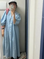 Summer Loose 100% Cotton Long Shirt Dress for Women V Neck Puff Sleeve Single Breasted Maxi Sundress Female 2024 Solid Color