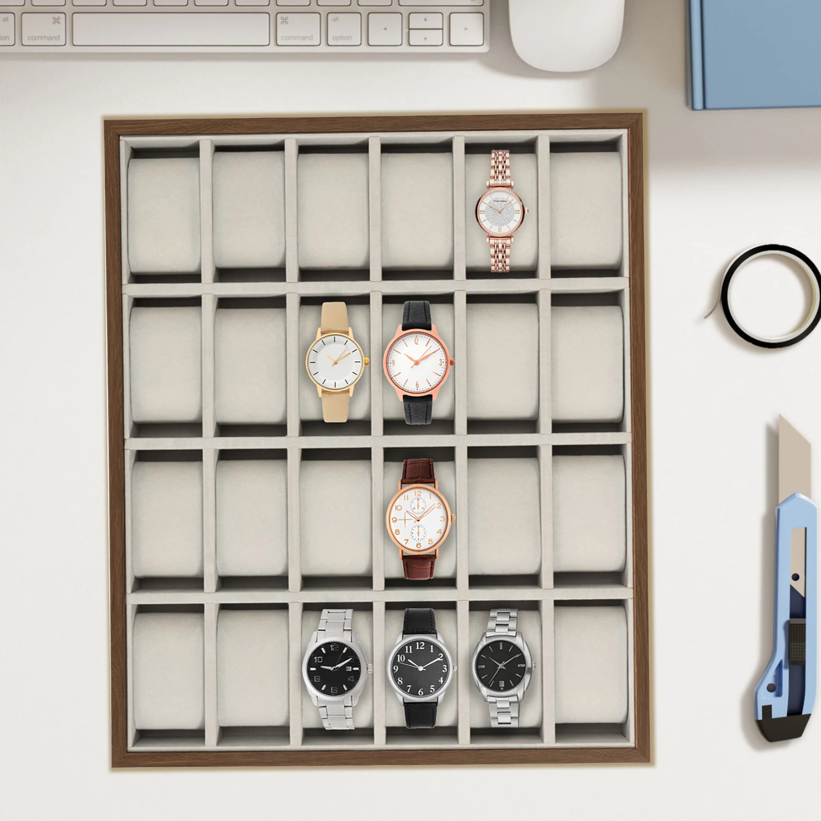 Tablero de densidad de nogal gris, 40x33x4,5 cm, 24 cajas de reloj, soporte de exhibición semiabierto, caja de almacenamiento de almohada de reloj desmontable