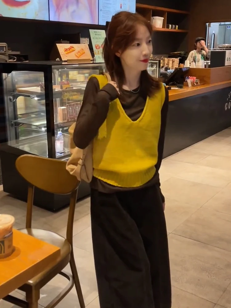 

Корейский дизайн: Новый универсальный комплект из двух предметов – вязаный жилет с V-образным вырезом и длинными рукавами, топ и брюки. Модный женский костюм из мягкого полиэстера для весны.