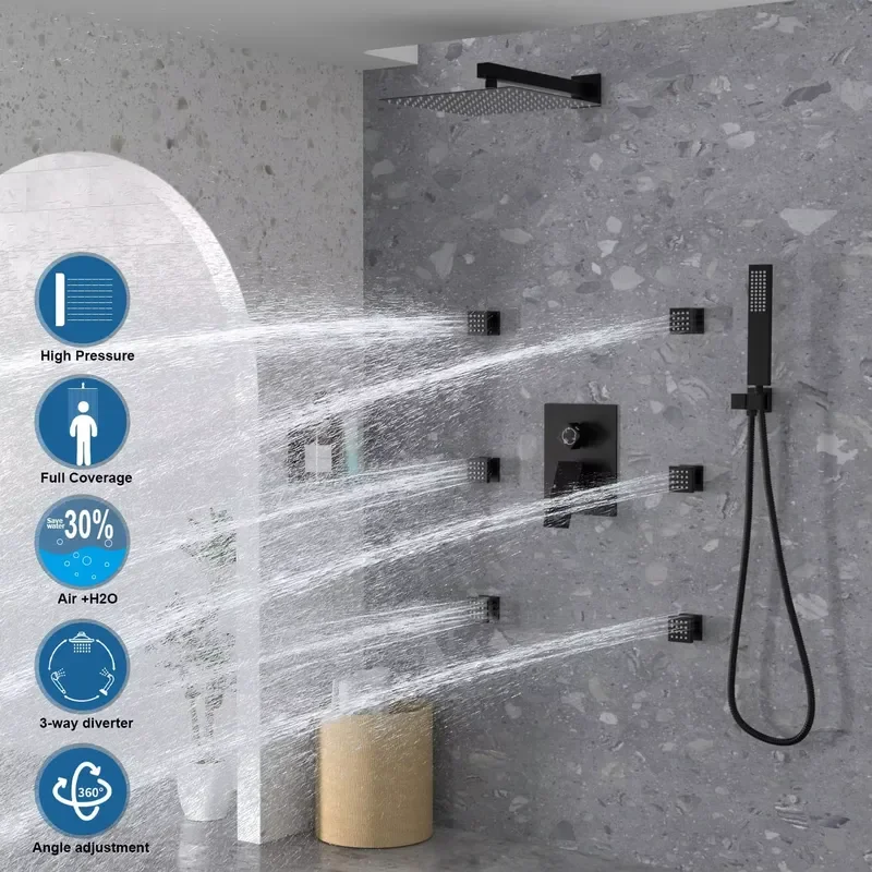Matte Black Shower System with Body Jets 12 Inch Wall Mount Rainfall Shower System and Handheld Body Spray Shower Faucets
