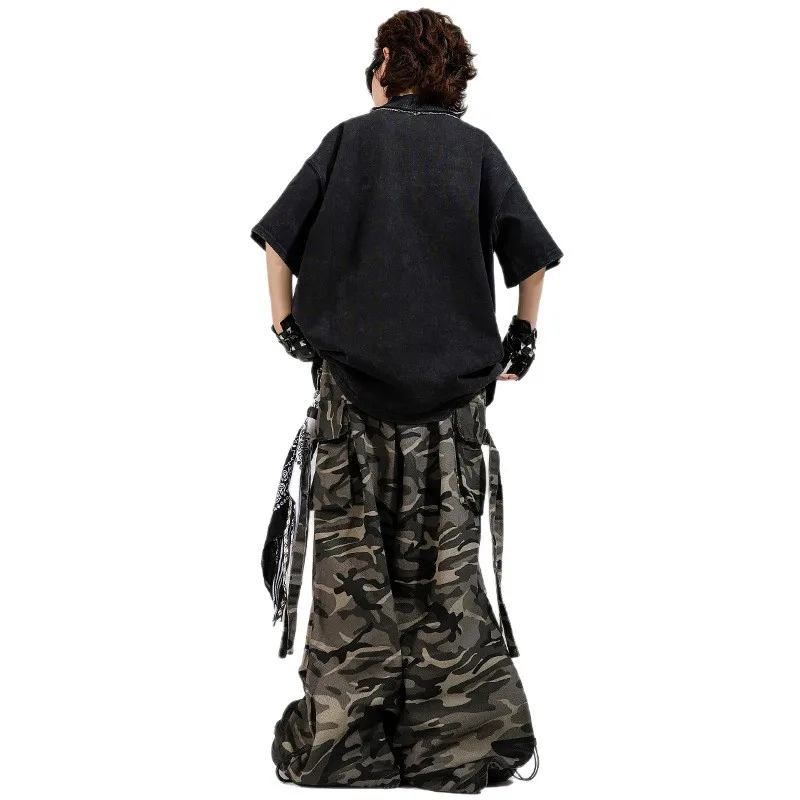 키즈 K팝 힙합 의류 블랙 목넥 티셔츠 탑 카모 캐주얼 스트랩 파라슈트 카고 팬츠 남아 여아 댄스 의상 옷