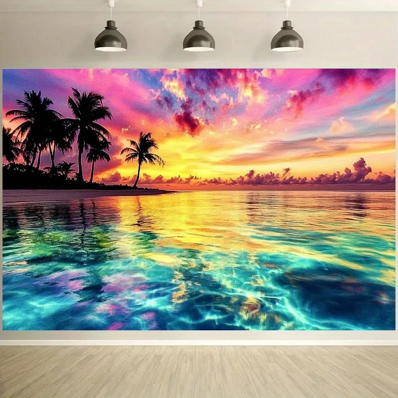VIKAMA Vibrant Sunset Tapestry Neon Colorful Sky with Palm Trees Turquoise Ocean Wall Hanging Background Cloth for Home
