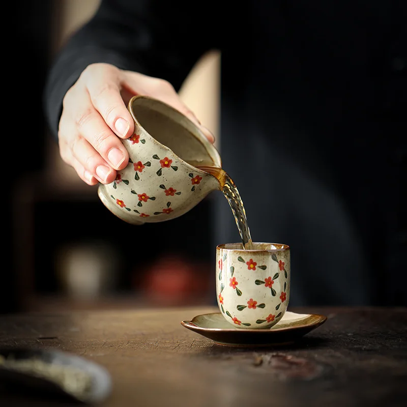

Hand Painted Floral Ceramic Tea Cup Set with Coaster Chinese Style Retro Tea Drinking Cup for Home Use