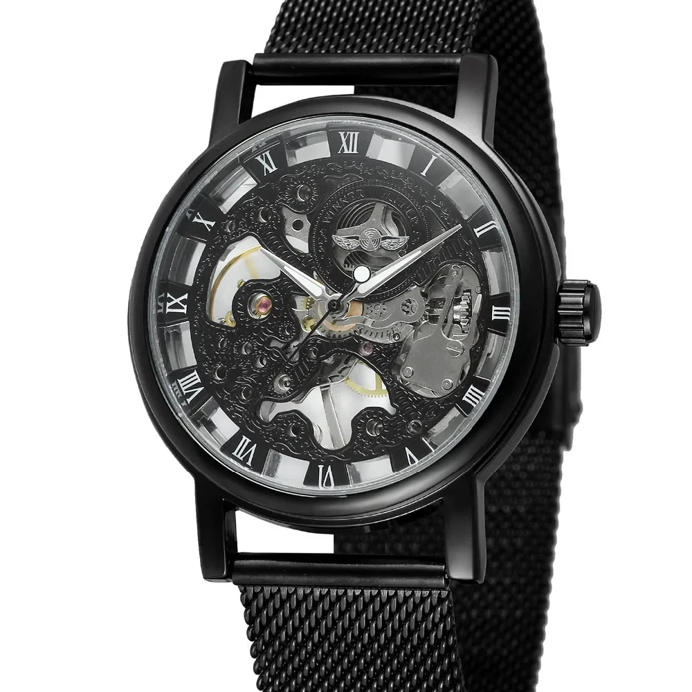 Luxury Stainless Steel Mesh Band Transparent Classic Thin Case Hollow Skeleton Men's Male Mechanical Hand Wind Wrist Watch Black