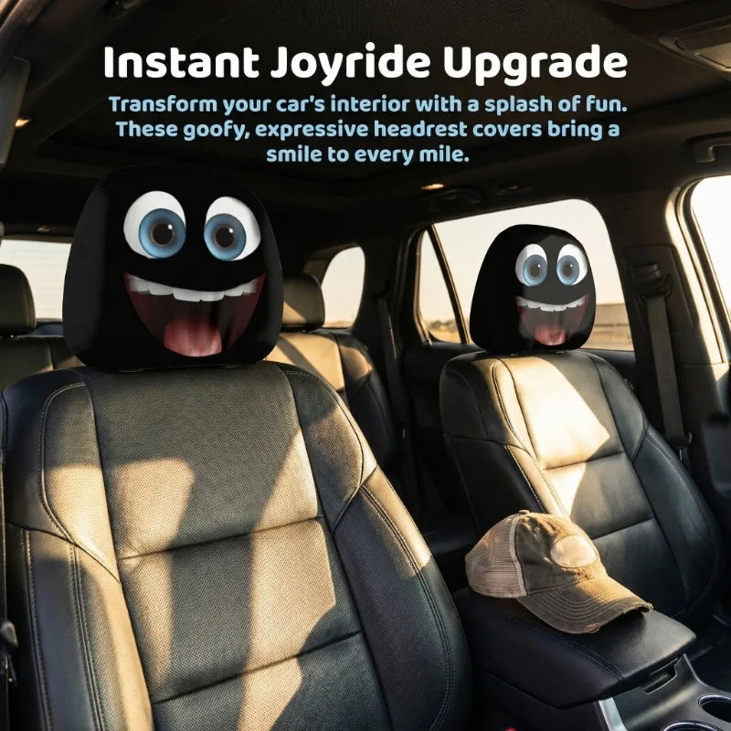 Funny Big Smile Blue Eyes Cartoon Car Headrest Cover 2PCS,Universal Fit Auto Head Rest Protector, Car Interior Decor Accessories
