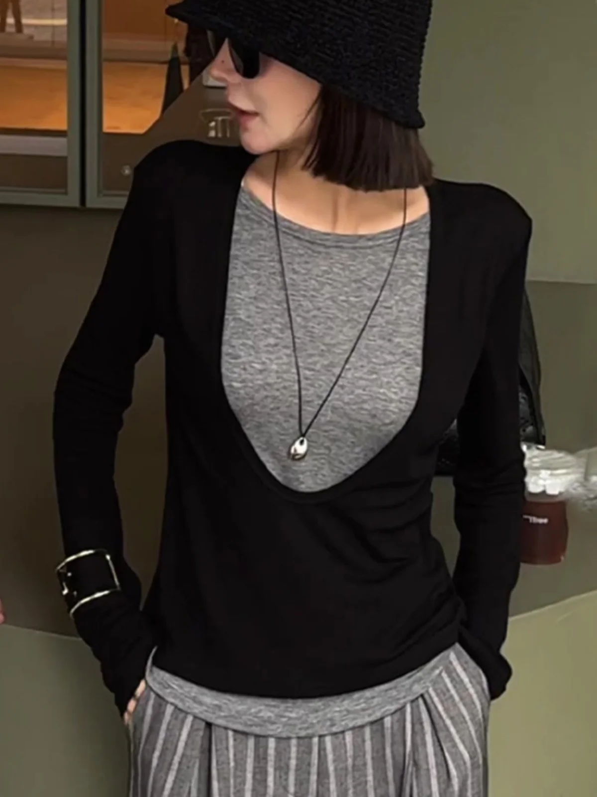 

Черная женская футболка с длинным рукавом и круглым вырезом, имитация двухслойности, в корейском стиле, для повседневной носки, весна-осень