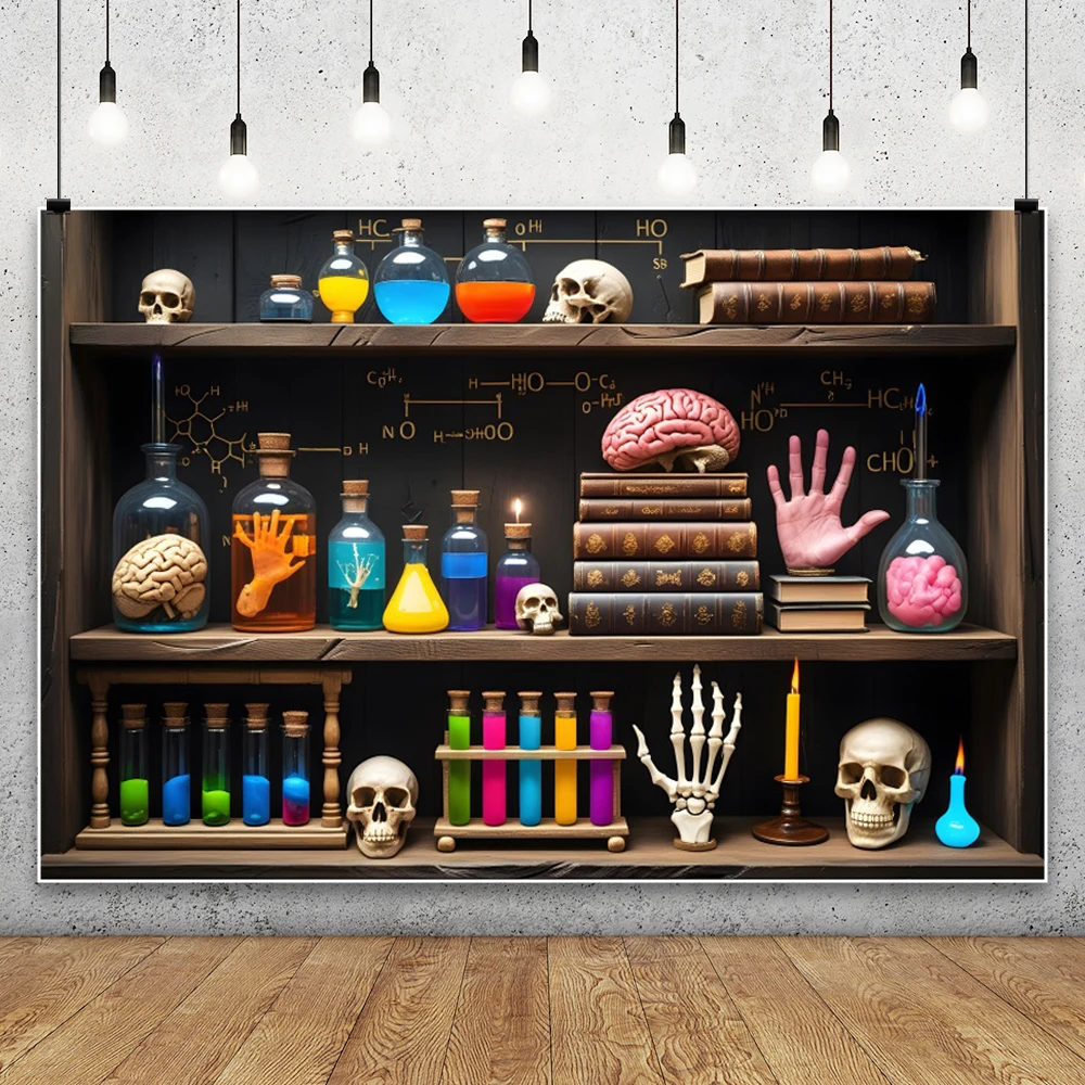 Scientist Laboratory Halloween Magic School Bookshelf Skull Backdrop Party Decor Background Baby Photo Photographic Props