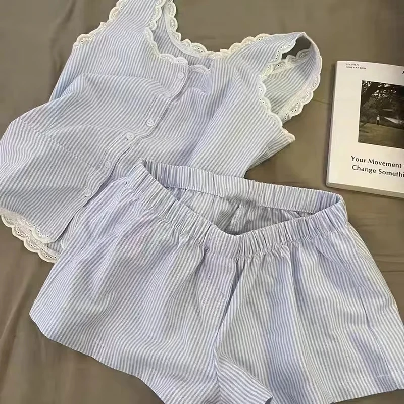 Striped Women Pajamas Summer Sleepwear Sleeveless Shorts Sets 2 Pieces Lace Night Wears Tank Korean Sleeping Home Suit 2025 New view 3