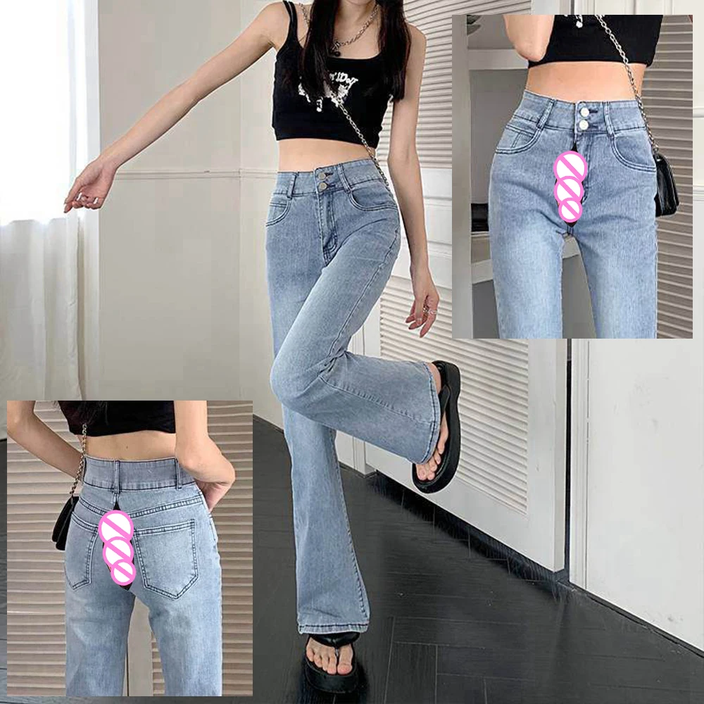 

Невидимые открытые промежности для уличного секса, черные облегающие женские джинсы с высокой талией, эластичные студенческие повседневные джинсовые расклешенные брюки