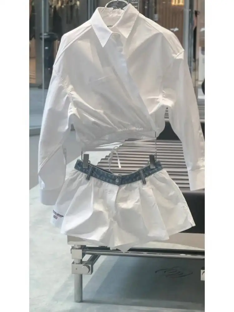 Fashionable White Shirt And Shorts Set Elegant Professional Versatile 2025 New Design High-End Style Button-Up Long Sleeve Cr...