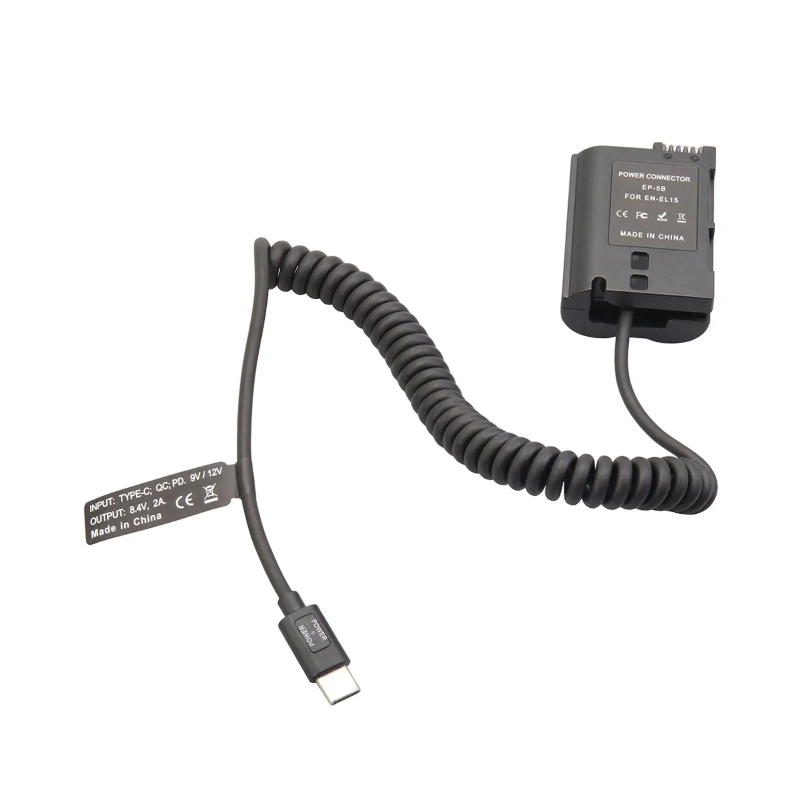 Type C with EN El15 Cable Fully Decoded Dummy Battery Adapter for Z7 Z6 D800 D850 D810 Spare Parts Professional Accessory ,Black
