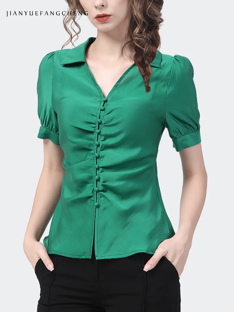 Imagem -02 - Moda Feminina Camisa Estilo Francês Elegante Fino Puff Manga Shirring Botão-para Baixo Topo 2023 Verão Novo Vintage Chique Trabalho Blusas