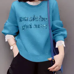 Streetwear Letter Sequined O-Neck Sweatshirts Spring Autumn Casual Chic Diamonds Spliced Ruffles Female Korean Loose Pullovers