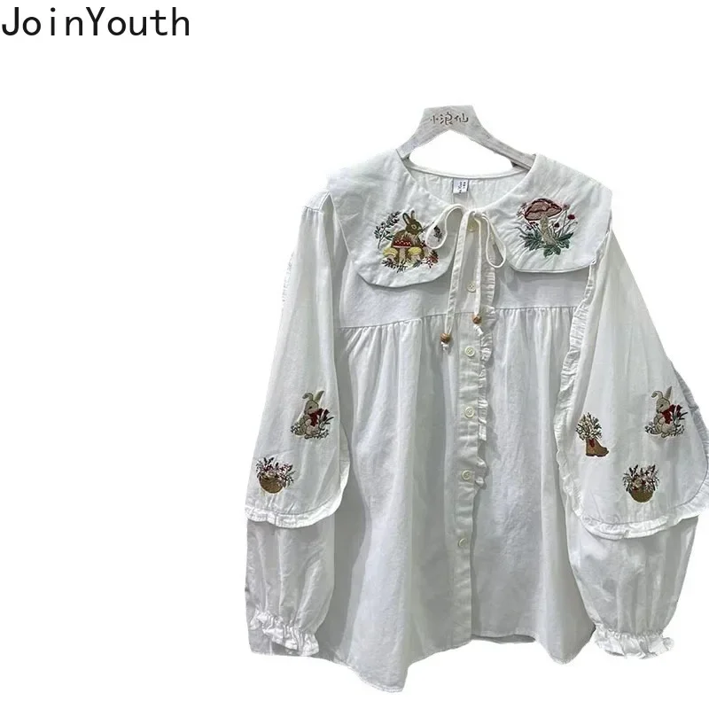 Sweet Blouse Women's Clothing Rabbit Embroidery Peter Pan Collar Long Sleeve Shirts 2025 Camisas De Mujer Loose Blouses Tops