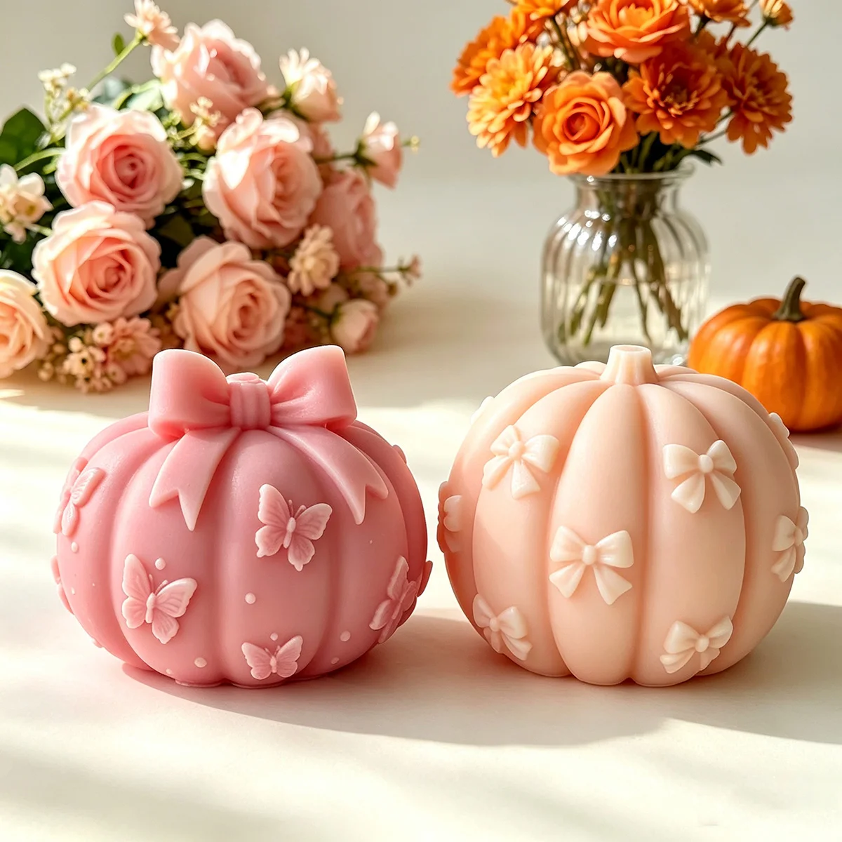 3D Bow Pumpkin Silicone Mold Pumpkin Scented Candle Plaster Chocolate Candy Mold Home Decoration
