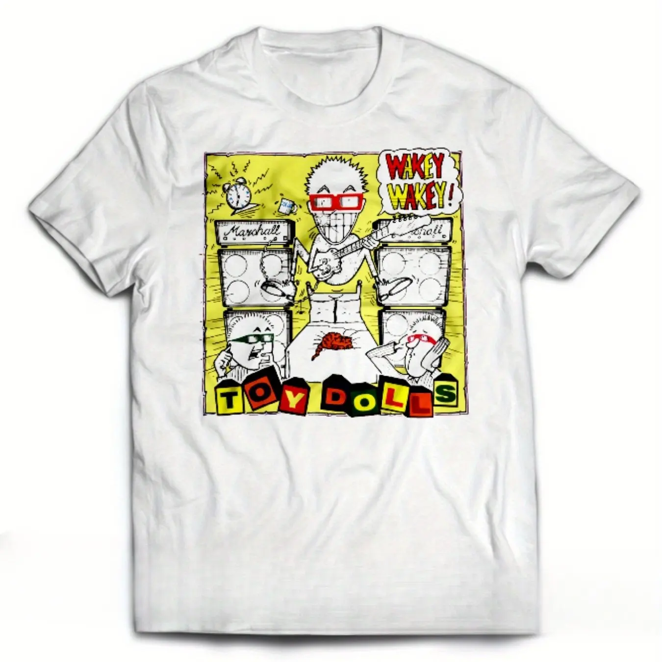 Men's Vintage-Style Graphic T-Shirt – White with Yellow Punk-Rock Comic Print; Comfortable Fit; Urban Fashion Short-Sleeve Tee