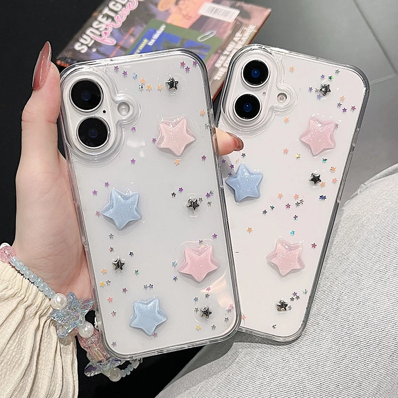 Wunderschöne, farbenfrohe 3D-Stern-Glitzer-Handyhülle für iPhone 16 18 Pro Max 17 Air 15 13 12 11 14 Plus mit transparenter Rückseite – Detail 6