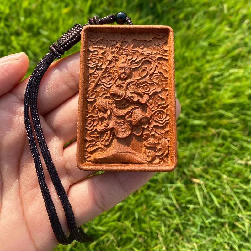 Hand-Carved Jujube Wood Nezha Pendant Necklace - Chinese Mythology Charm Amulet, Wooden Carving Figurine for Good Luck &