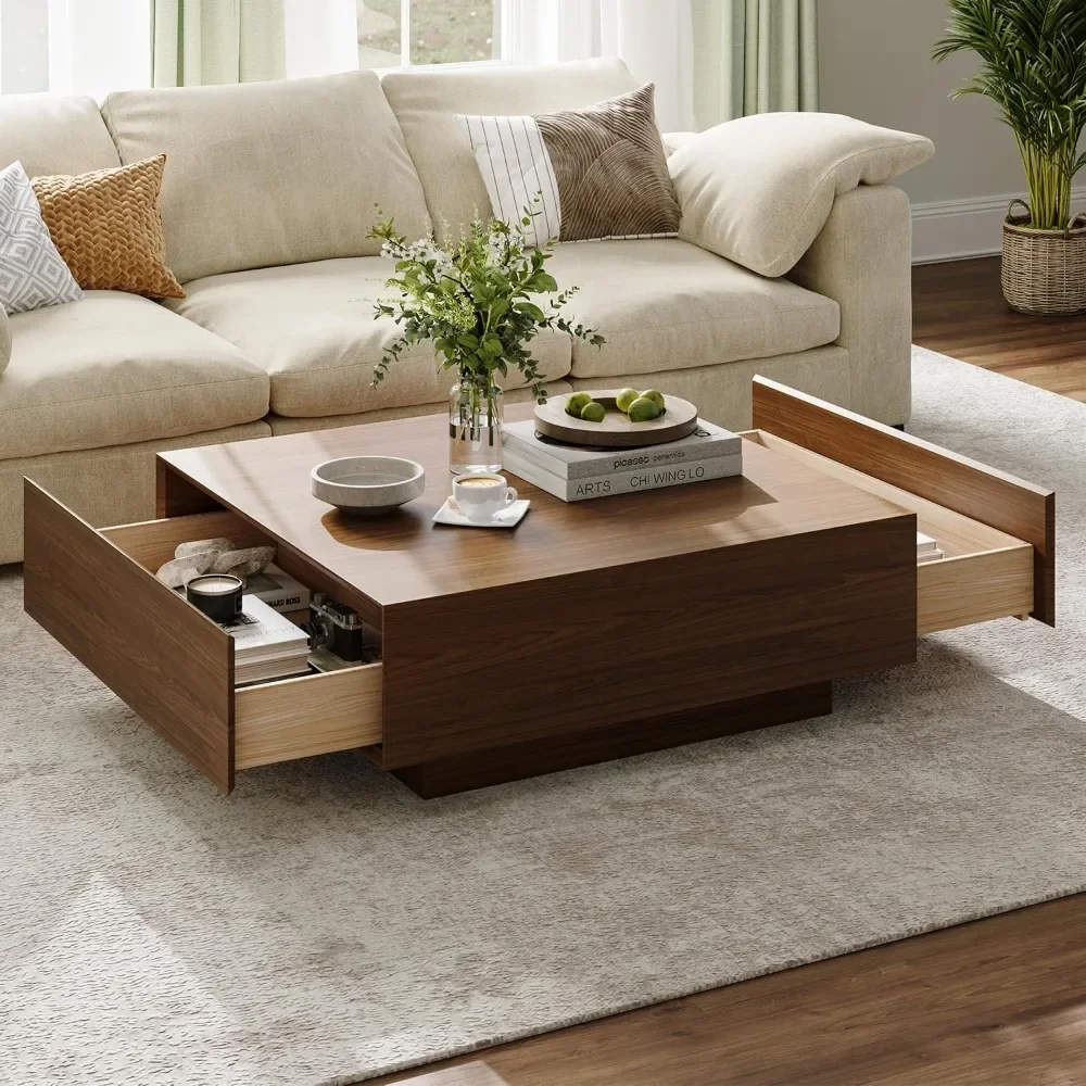 

Modern Square Coffee Table – 35.43" Wood Storage Center Table | Walnut Finish Fully Assembled for Living Room Use