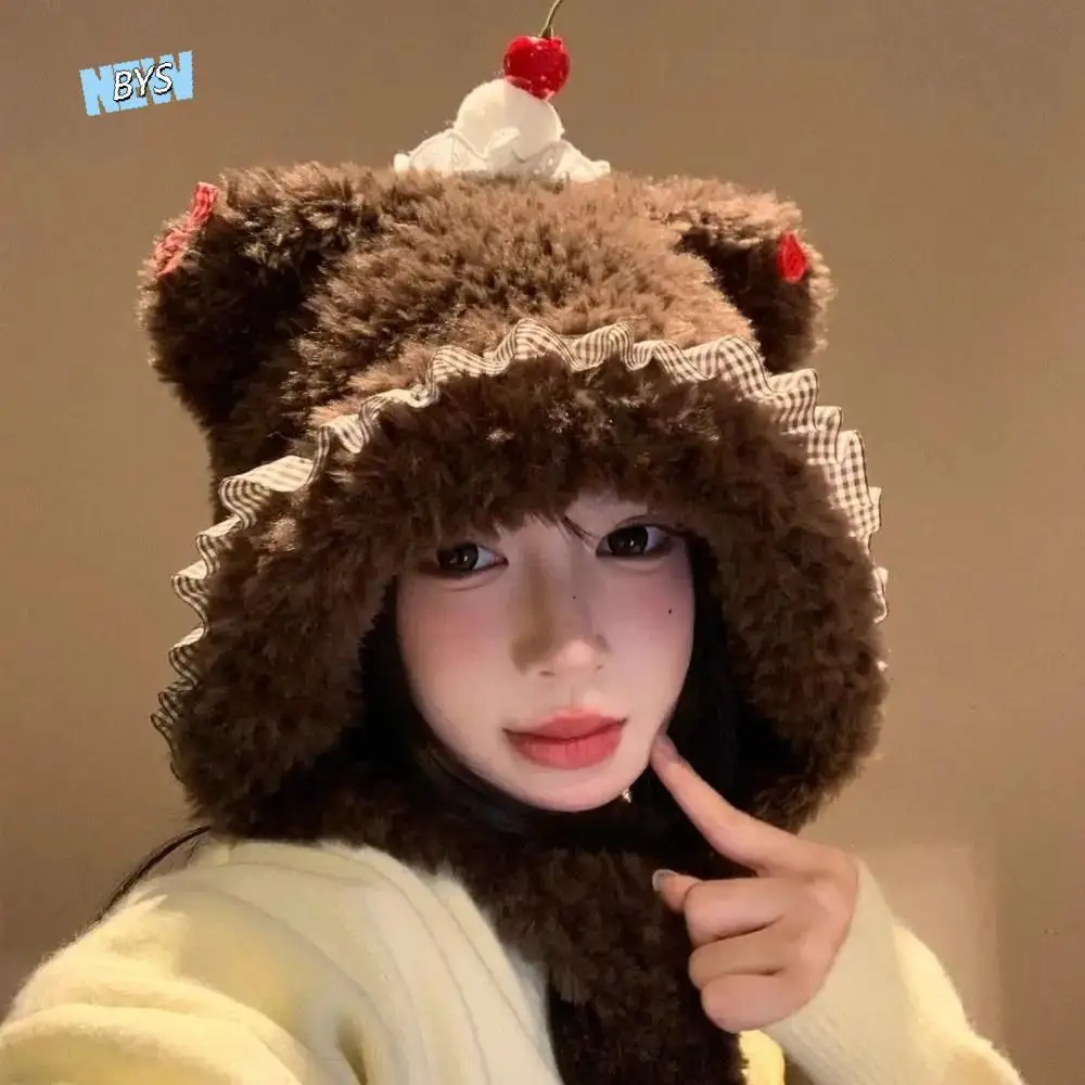 

Ski Caps Cake Bear Ear Protection Hat Cartoon Korean Style Thick Knitted Hat Soft Headgear Plush Earmuffs Cap Daily Wear