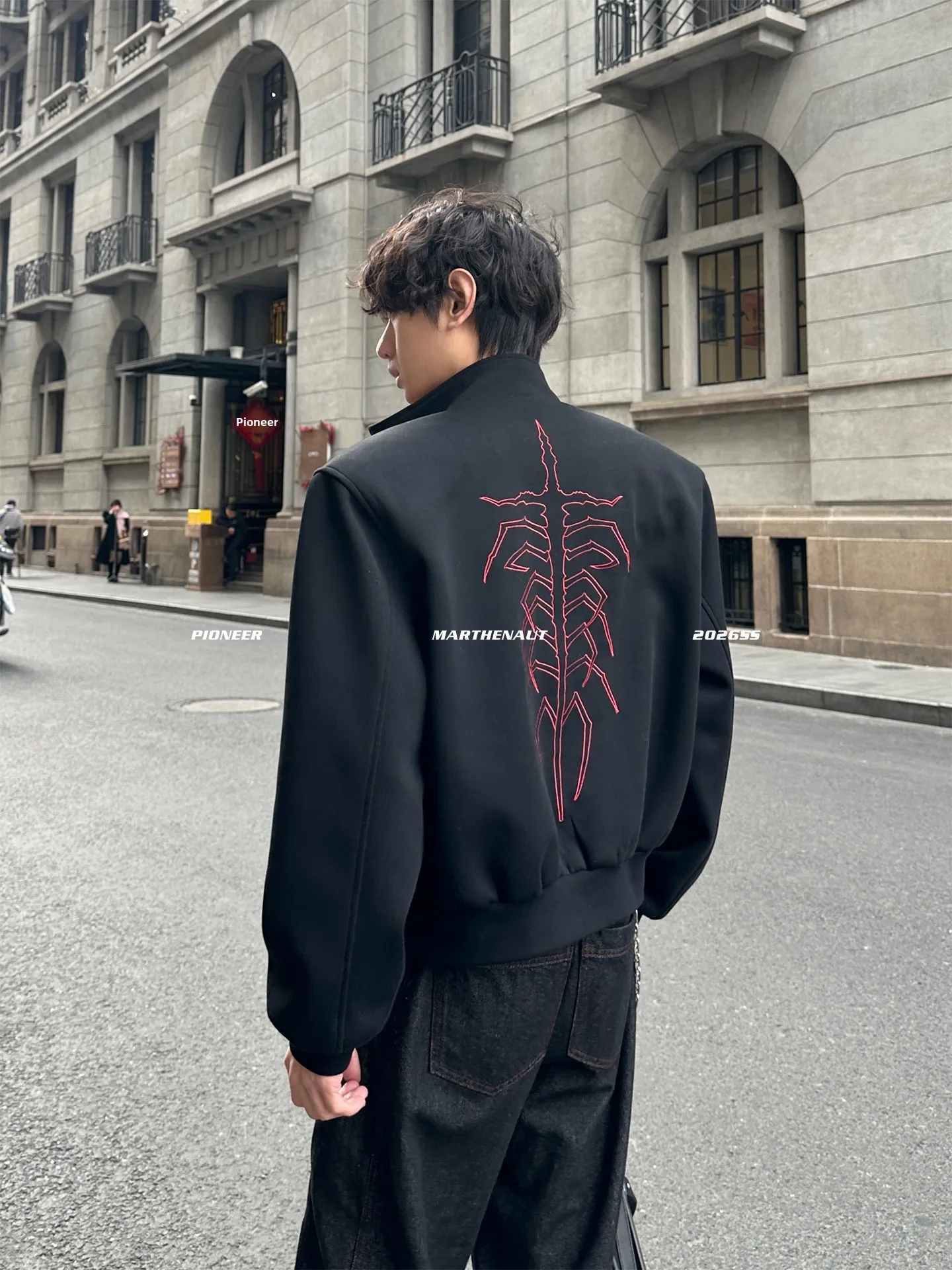 MARTHENAUT Spring Design Red Base Sweatshirt Embroidered Space Cotton Shoulder Pad Zipper Jacket Casual Loose Fit Youth Popular
