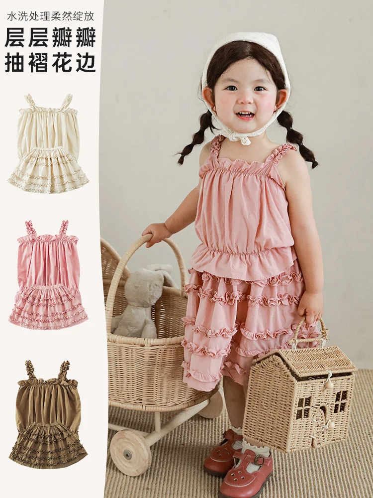 

Girls' Strap Vest Skirt Summer New Children's Fashion Cute Lace Retro Set