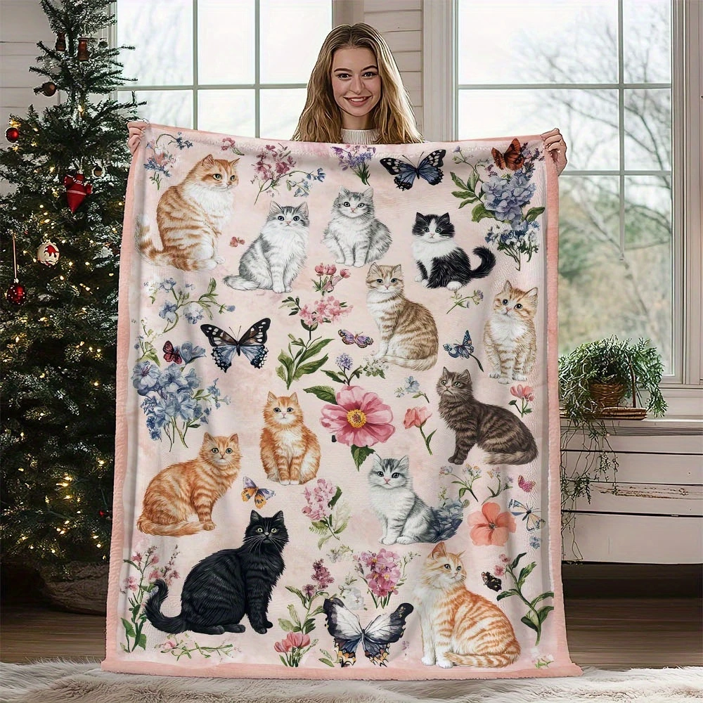 VIKAMA Vintage Floral Kitten Fleece Blanket Watercolor Cat Butterfly Print Sofa Throw Farmhouse Home Bed Cover