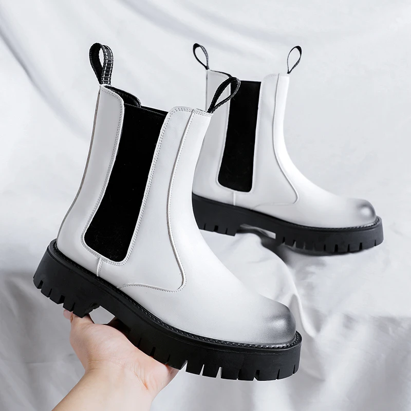 men luxury fashion chelsea boots black white shoes stage nightclub dress high top cowboy boot handsome platform long botas mans