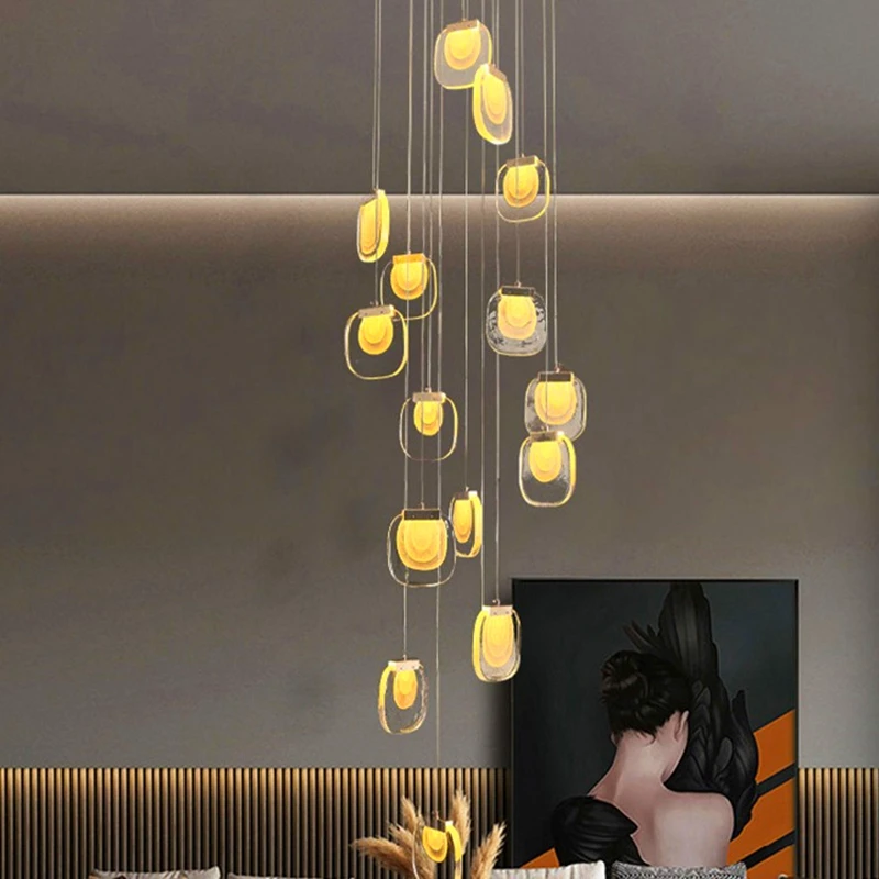 Rotating Staircase Crystal LED Pendant Light Luxury Corridor Long Pendant Creative Living Room Gold Interior Decoration Lamp