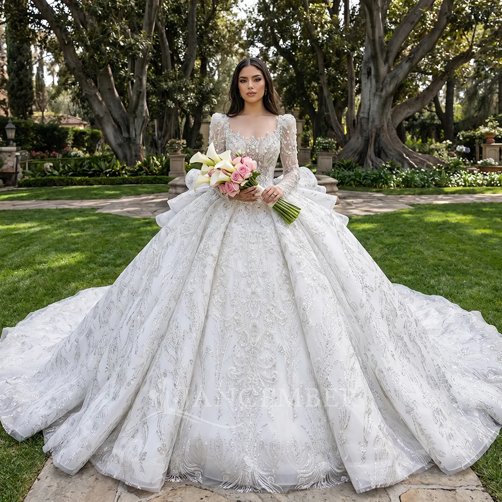 

Long Sleeve Ball Gown Wedding Dress 2026 Customized Backless Princess Bride Plus Size Vestido de Noiva Chapel Train Ruffles