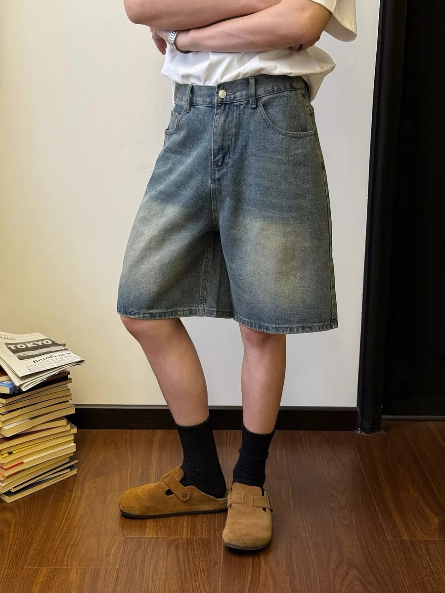 

Синие широкие брюки с пятью точками в стиле ретро, повседневные свободные прямые джинсы, молодежные модные рабочие брюки