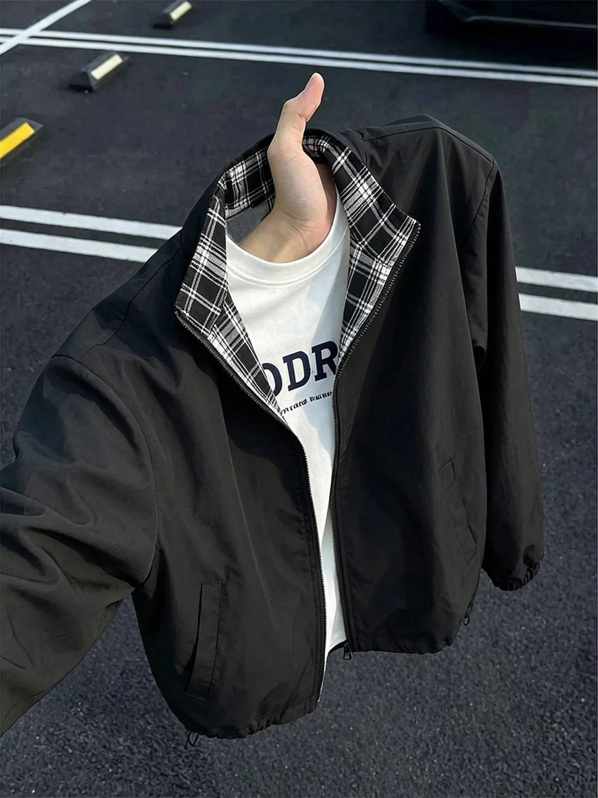 American Style Short Plaid Jacket for Men Casual Baseball Design No Hat Stand Collar Autumn Outerwear Blue Checkered Splicing