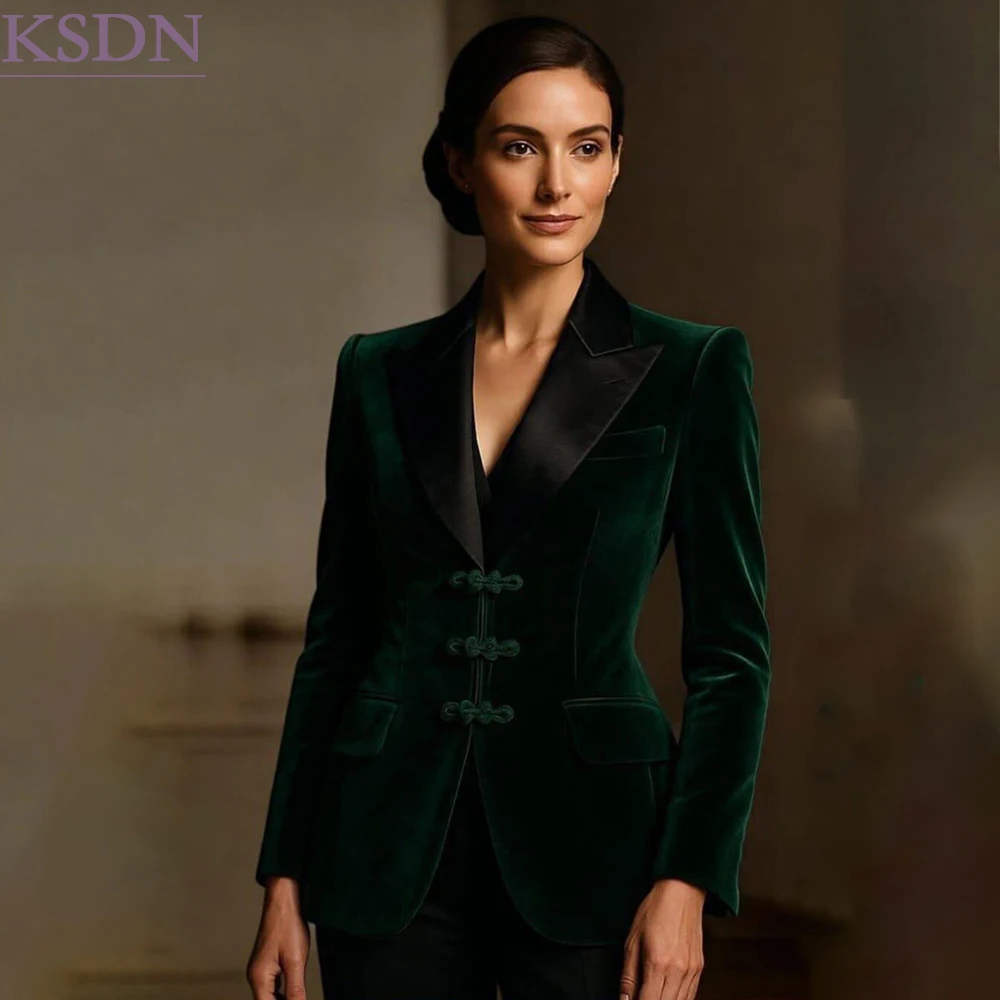 Slim Fit Green Velvet Women's Suits Formal Event Skinny 2 Piece Jacket Pants High Quality Black Peak Lapel Blazer Outfits