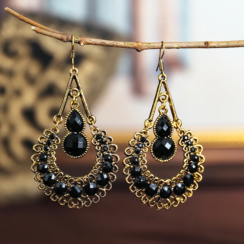 Black Ethnic Style Geometric Dangle Earrings for Women Retro Boho Long Acrylic Water Drop Earrings Female Jewelry