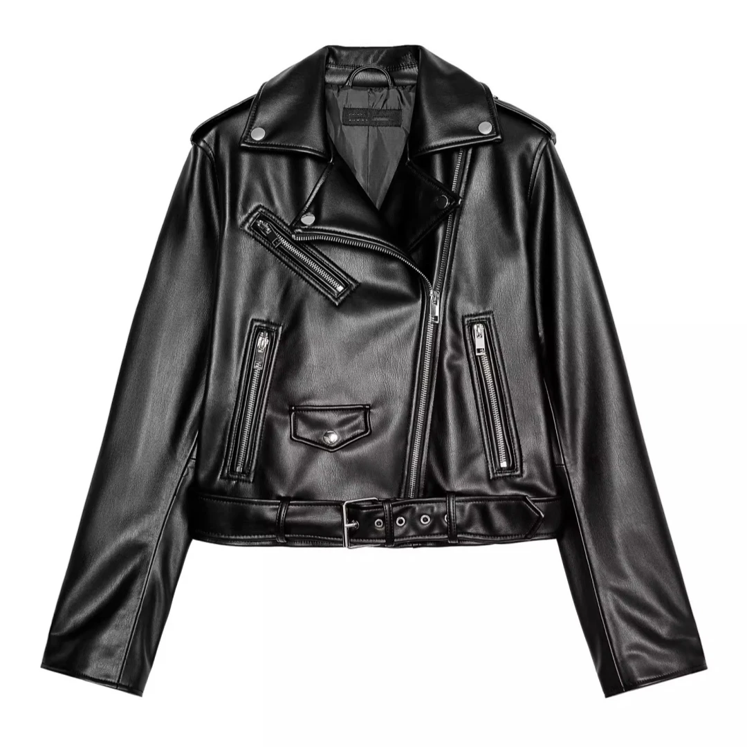 

Fall 2025 New Style Brown PU Leather Biker Jacket Short Coat Women's Fashion Commute Wind Pocket Design Loose Fit Long Sleeve