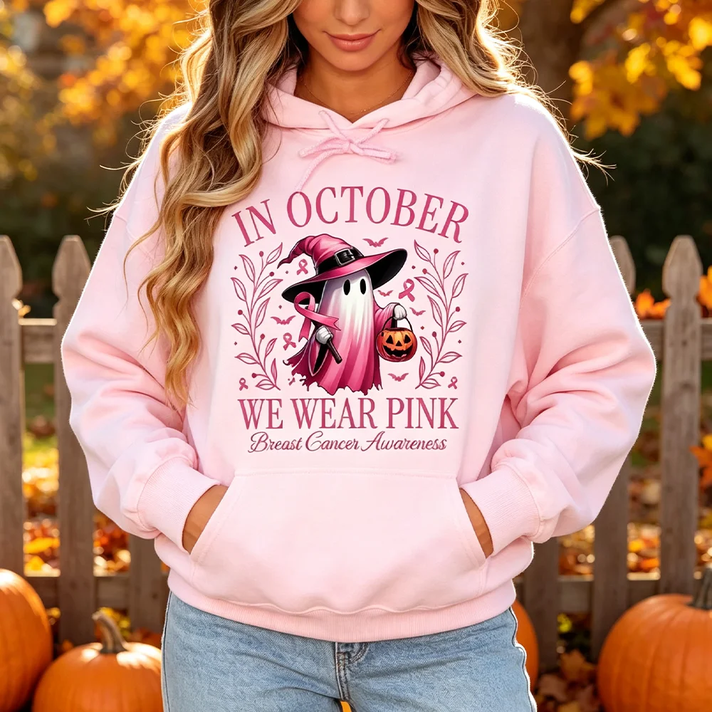 In October We Wear Pink Ghost Hoodies Breast Cancer Awareness Hoodie Halloween Breast Cancer Sweatshirt Pink Cancer Halloween