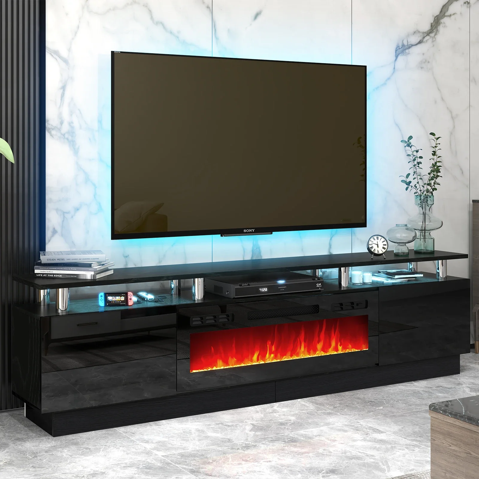 # Moderner36 „ElektrischerKamin TV-Ständer Hochglanz Schwarz-750W/1500W für Fernseher bis 80“ mit Entertain Center-Funktionen