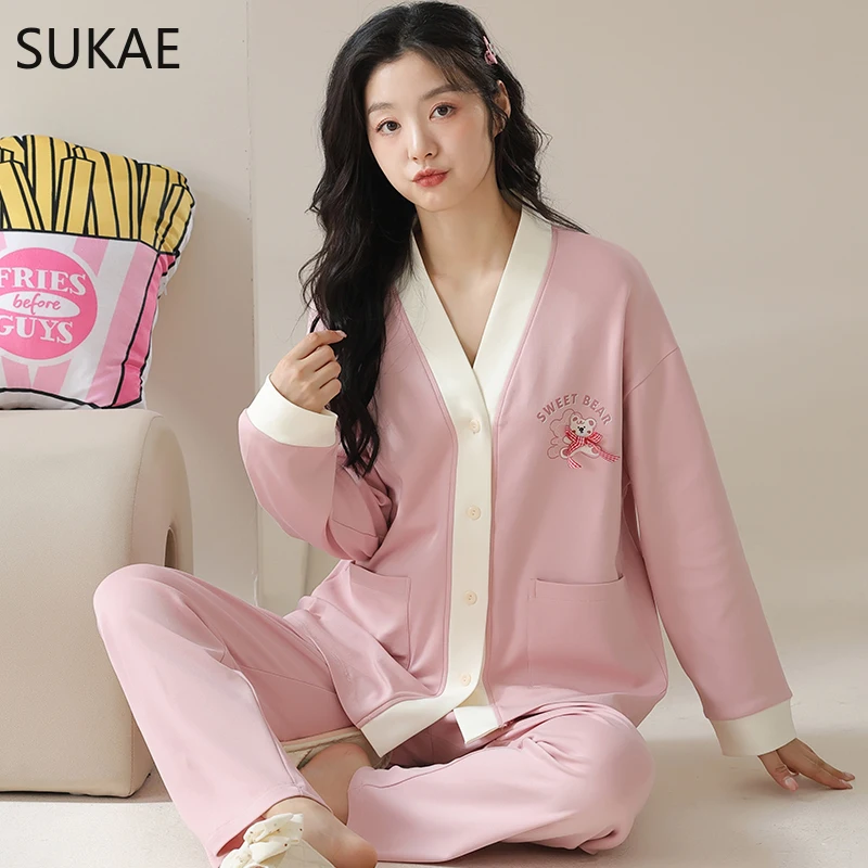 SUKAE New Spring Women Nightwear Leisure Kimono Style Lapel Sleepwear Casual Long Sleeves Pajamas Set for Women Girl Pink Pijama