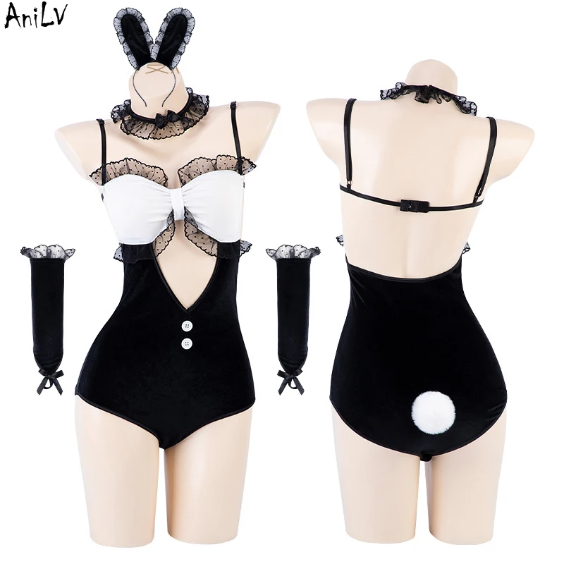 AniLV Charming Bunny Girl Retro Lace Bodysuit Unifrom Women Rabbit Headband Hollow Outfits Costumes Cosplay Pleated Skirt