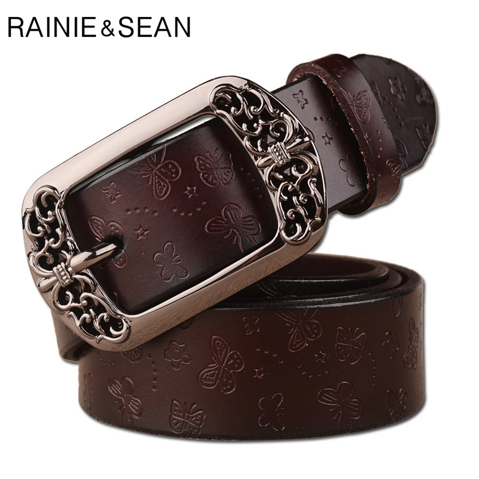 Black Leather Embossed Belts Women Pin Buckle Belt Butterflly Carved Coffee Genuine Cow Leather Female Trouser Belt Strap New