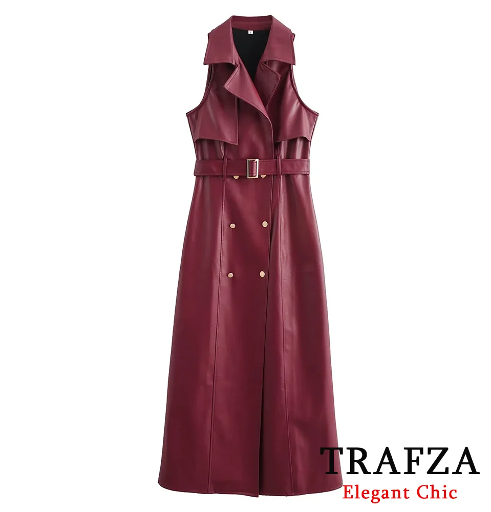 TRAFZA-Women Commuter Vintage Long Dress Burgundy Belt Button Lapel Waist Dress New 2024 Spring Summer Stylish Dinner Date Dress