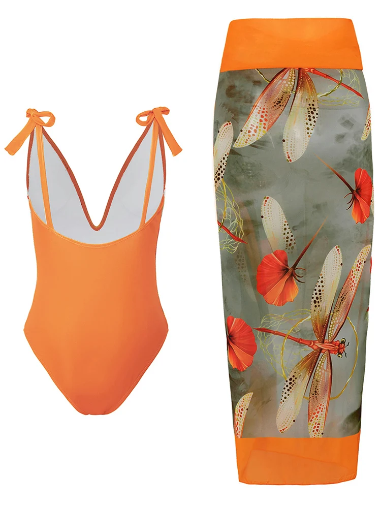 Maiô feminino de uma peça com posicionamento de libélula + saia longa com gravata estampada em chiffon