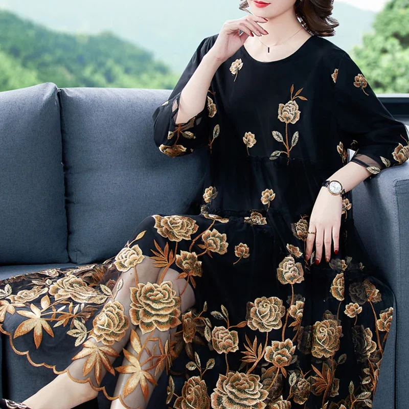 Fall Winter Woman Clothes Womens Embroidery Flower Fleece Thick Warm Dress , 5xl Loose 3/4 Sleeve Long Dresses for Women